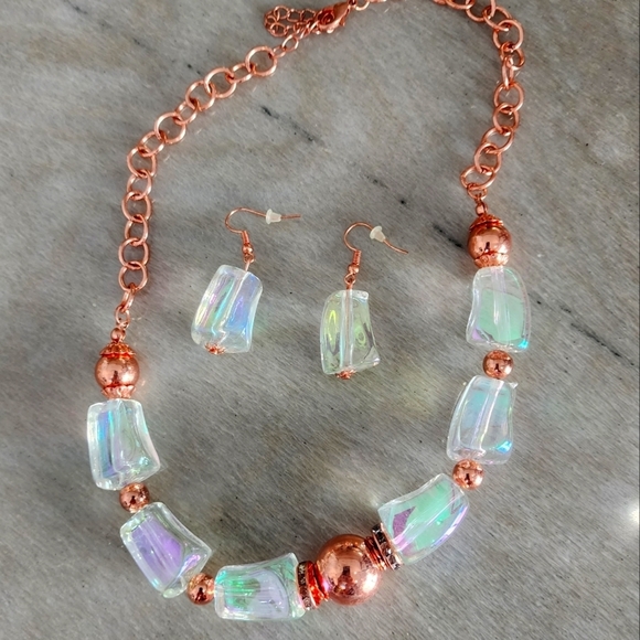 Iridescent Opaline Bead Necklace with Rose Gold Copper Accents and Earrings - Picture 1 of 7